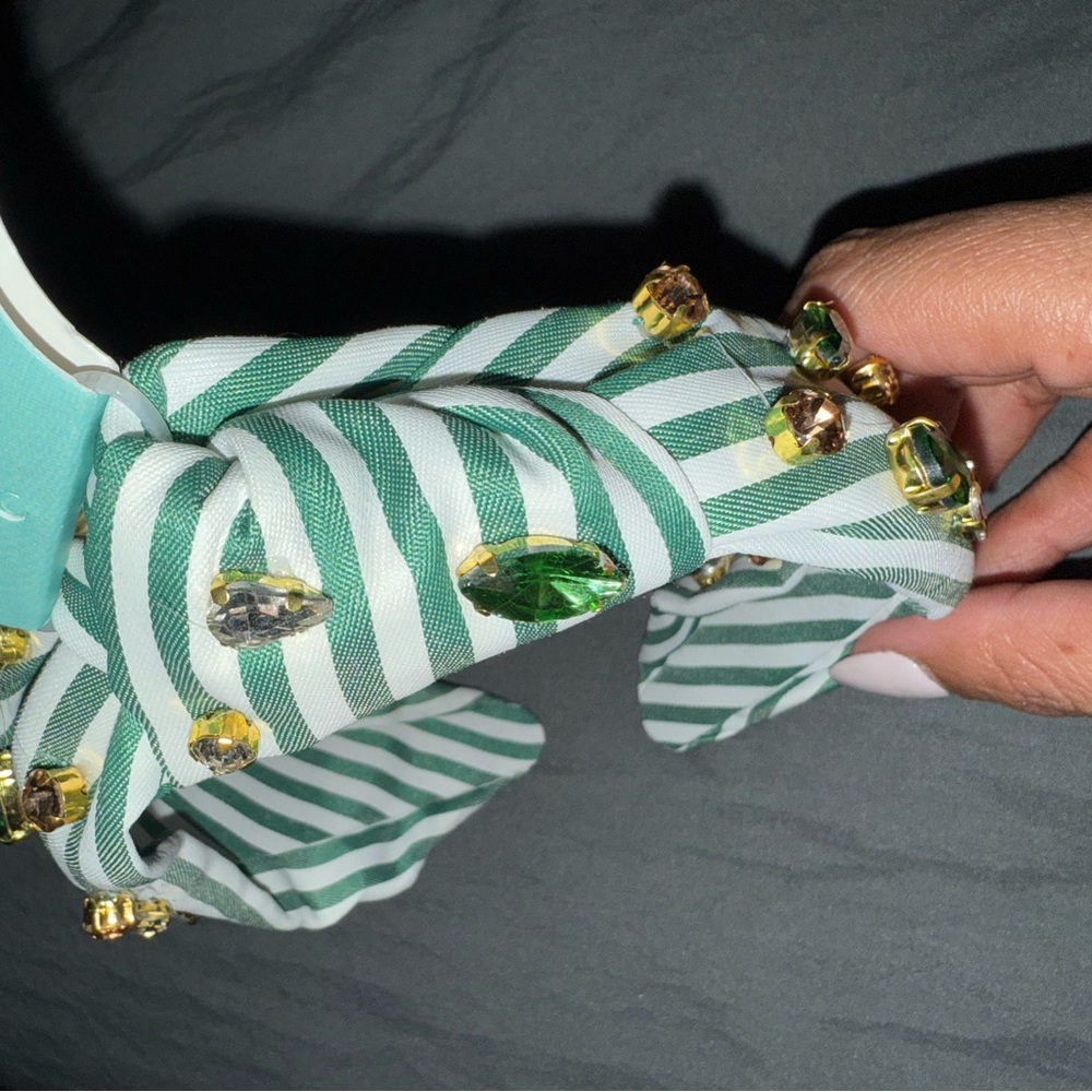 Piper K Striped Green and White Embellished Headband - Picture 4 of 4
